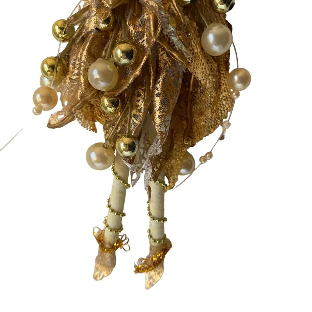 Golden Christmas angel fairy mini‎ doll ornament pearl skirt gilded wings tinsel